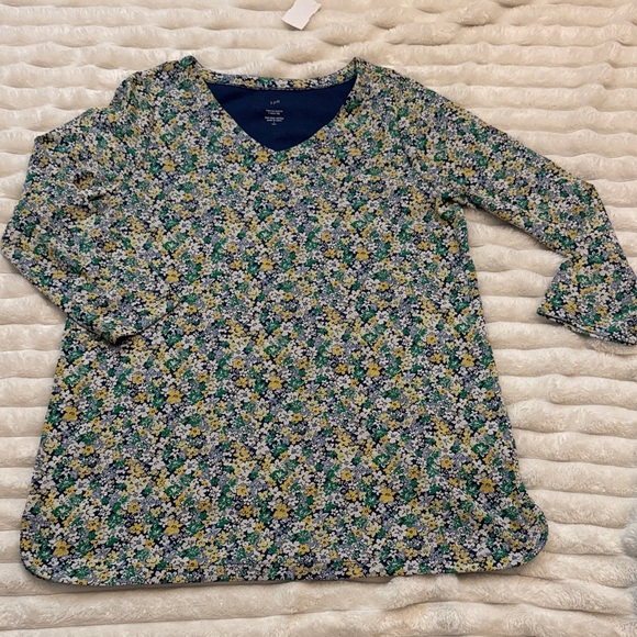 J. Jill Tops - J. Jill Navy Prima Cotton Sz Lg Floral V-Neck 3/4 Sleeve Tee